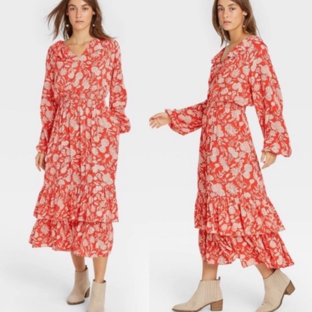 NWOT Universal Thread Long Sleeve Ruffle Collar Red Floral Maxi Dress w Pockets